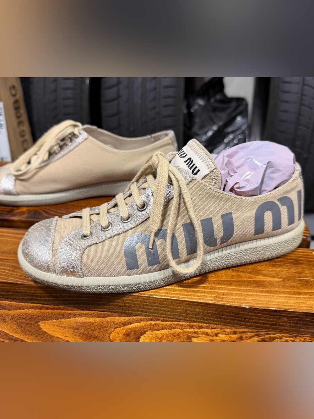Miu Miu 90’s Beige Canvas Sneakers with Gray Logo